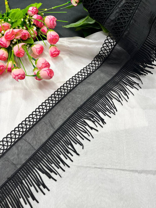 Organza Fringes Imported Lace Trim – Premium Saree Laces for Dresses & Dupattas (9 Meter Roll) | Black