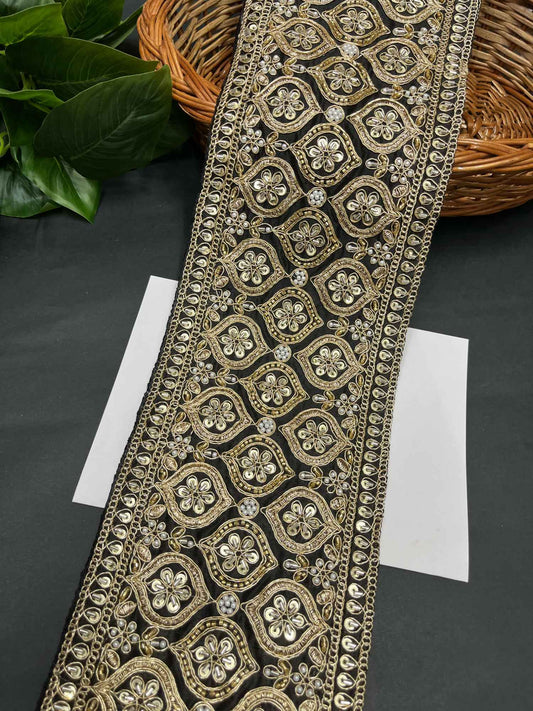 Katdana & Bead Work Embroidered Bridal Lehenga Lace Trim – 9 Meters, 5-Inch Heavy Border for Sarees & Wedding Outfits | Black