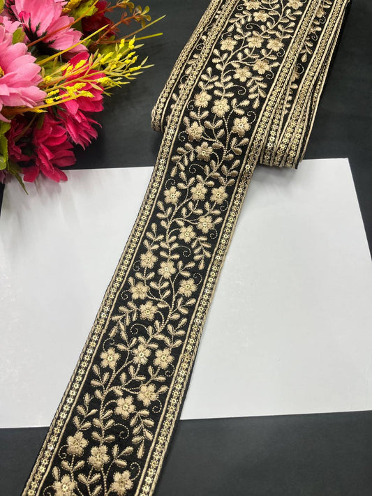 Exclusive Parsi Gara Work Lace & Border – Thread Embroidered Decorative Lace for Sarees, Dupattas, and Dresses (9 mtr, 3 inch) | Black