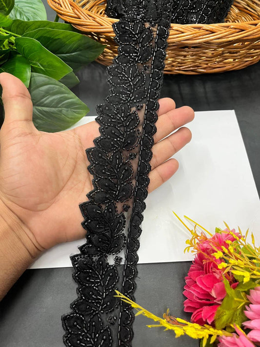Beaded Handmade Lace Trim for Boutique – Imported Decorative Lace for Sarees, Dupattas, and Dresses (9 mtr, 2.5 inch) | Black