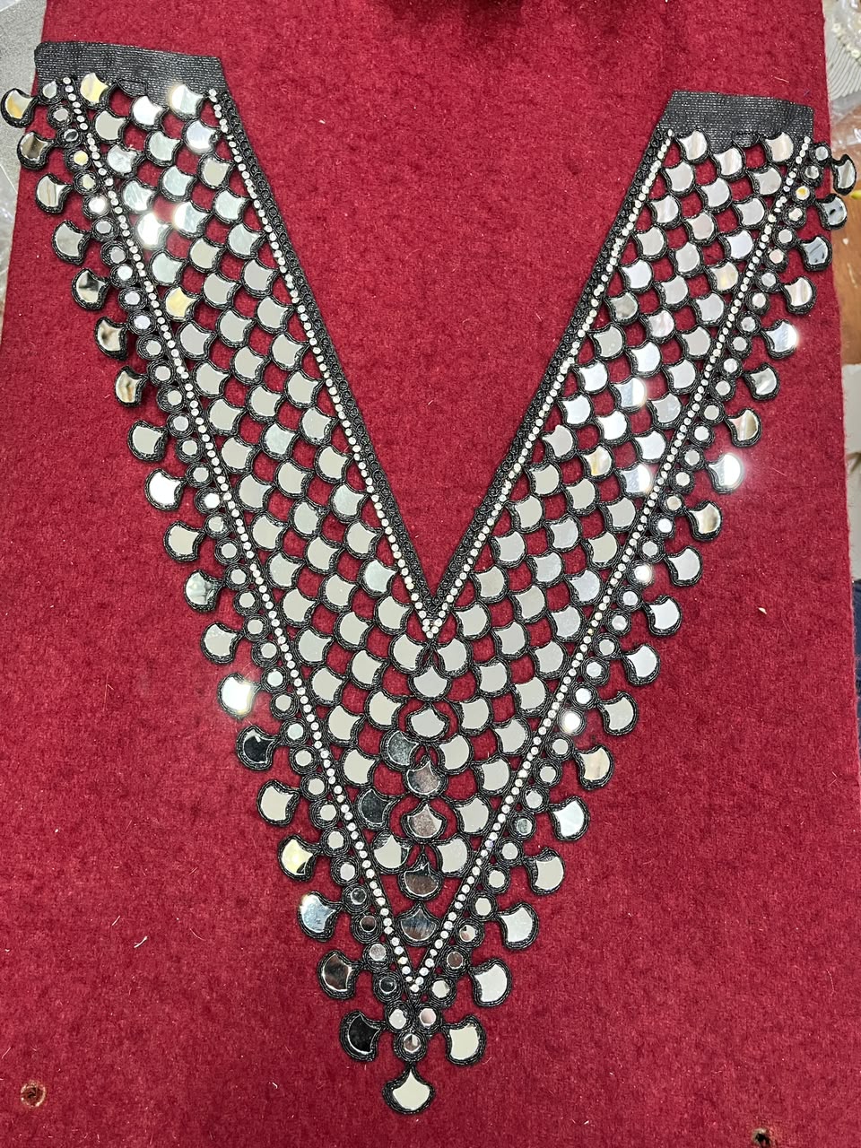 Real Mirror Work Neck Patch for Kurtis, Dresses & Blouses – Designer Handcrafted Mirror Neckline Applique | DC0992 | Black