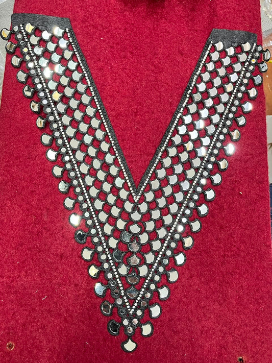 Real Mirror Work Neck Patch for Kurtis, Dresses & Blouses – Designer Handcrafted Mirror Neckline Applique | DC0992 | Black