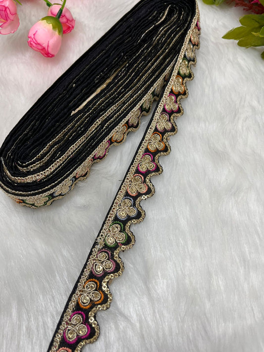 Sabyasachi-Inspired Multicoloured Designer Embroidered Trims – 9 Meter Roll, 1 Inch Wide for Crafting & Fashion | Black