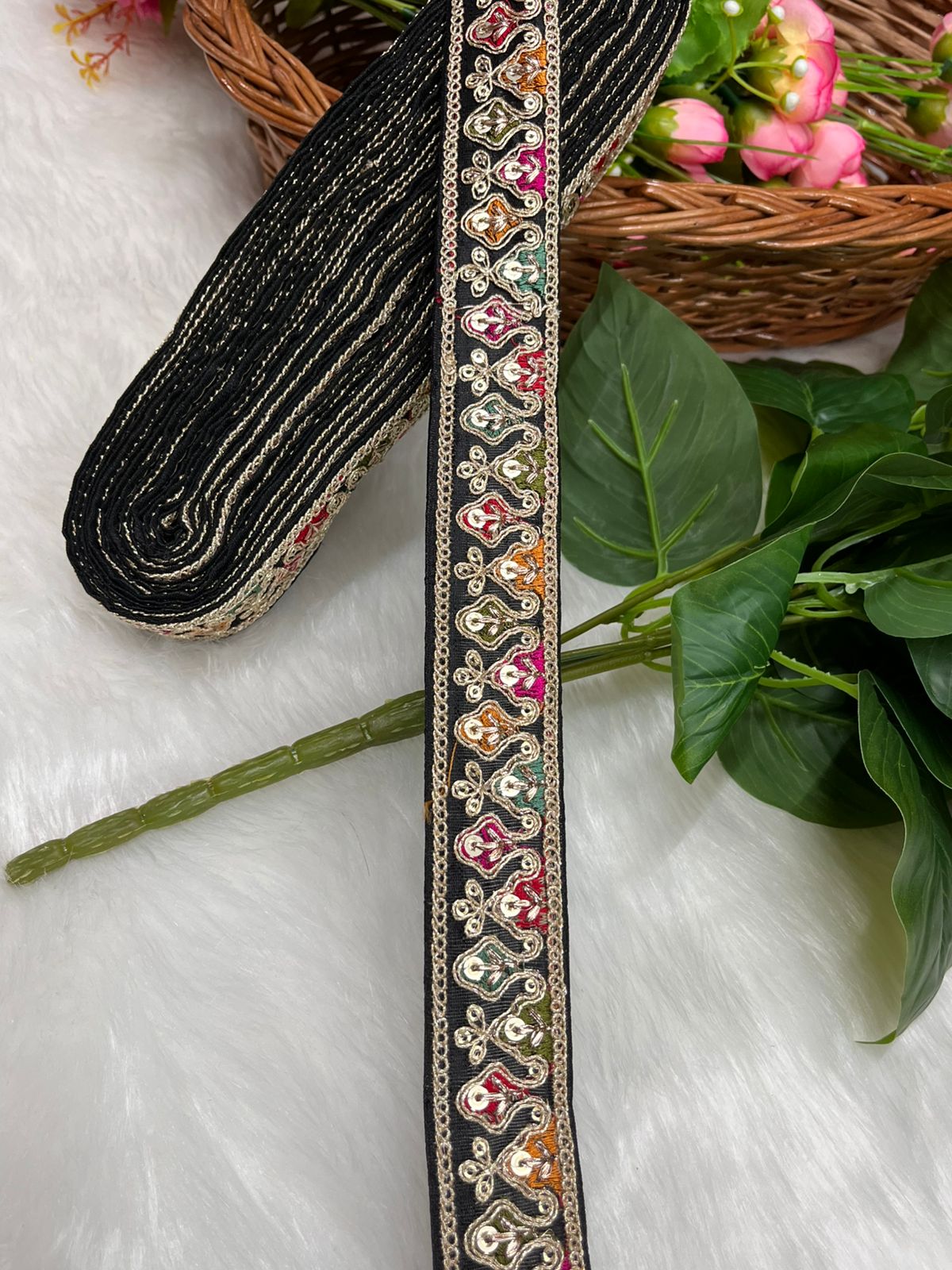Sabyasachi-Inspired Embroidered Designer Lace Border – 9 Meter Roll, 1 Inch Wide for Ethnic & Creative Projects | Black