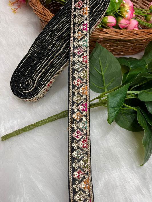 Sabyasachi-Inspired Embroidered Designer Lace Border – 9 Meter Roll, 1 Inch Wide for Ethnic & Creative Projects | Black