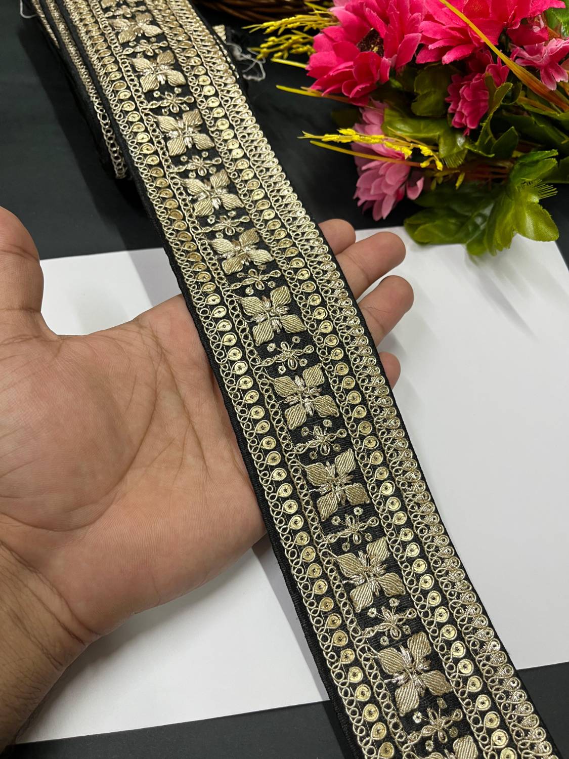 Zari Embroidered Saree Lace Border Trim for Dupatta & Dresses – Fancy Embellished Lace (9 Meter) | Black