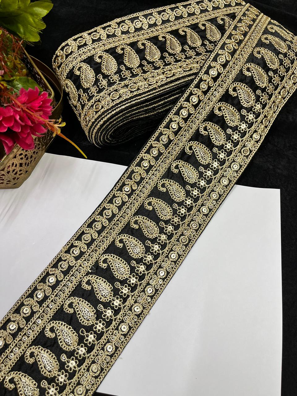 Sabyasachi Inspired Embroidered Lace Border for Sarees, Lehengas & Dupattas – Designer Wide Ethnic Lace Trim (4 Inch) | Black