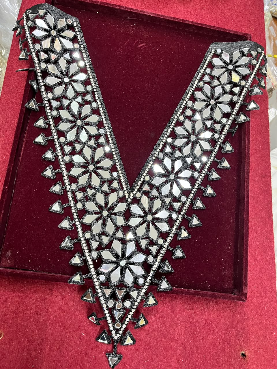 Real Mirror Work Neck Patch for Kurtis, Dresses & Blouses – Designer Handcrafted Mirror Neckline Applique | DC0987 | Black