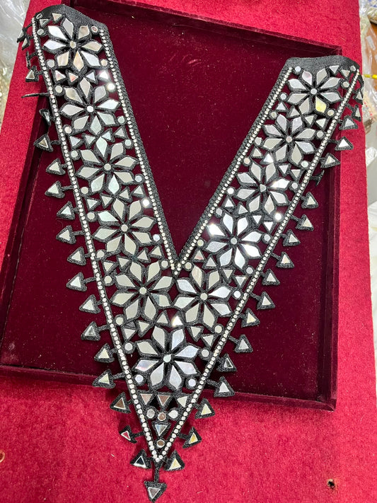 Real Mirror Work Neck Patch for Kurtis, Dresses & Blouses – Designer Handcrafted Mirror Neckline Applique | DC0987 | Black