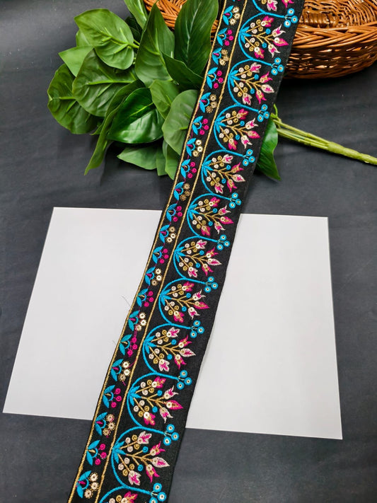 Embroidered Fabric DIY Crafting Lace Trim – 9 Meters, 3-Inch Indian Decorative Sewing Border for Ethnic Wear & Projects | Black