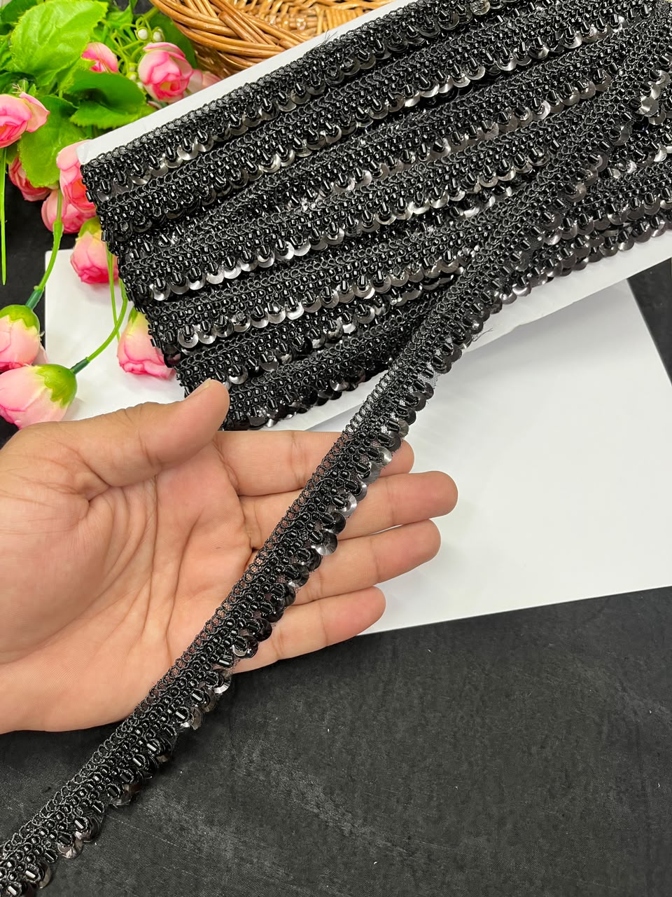 Sequence Embroidered Lace for Garments, Sarees, Lehengas & Dupattas – Designer Gold Embroidery Lace Border (Half Inch) | DC1035 | Black