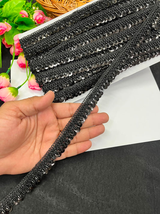 Sequence Embroidered Lace for Garments, Sarees, Lehengas & Dupattas – Designer Gold Embroidery Lace Border (Half Inch) | DC1035 | Black