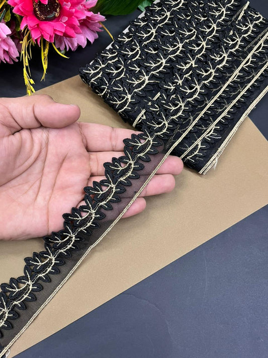 Imported Leaf Design Cotton Lace – Premium 1.5 Inch Decorative Border for Sarees, Dupattas, Suits & Dresses (9 Meter) | Black