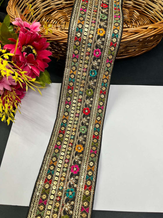 Sabyasachi Inspired Embroidery Lace for Sarees & Dupattas – 3 Inch Wide Lace Border (9 Meter) | Black