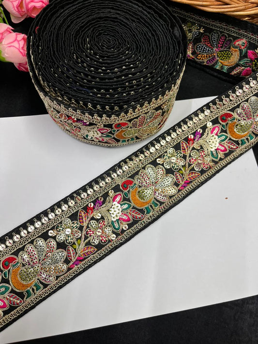 Peacock Design Sequins Work Embroidered Lace Designs – Premium Designer Embroidered Lace | Black