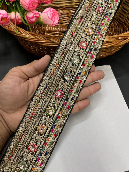 Classic Embroidered Sabyasachi Inspired Saree Lace Borders – Luxury Designer Embellished Lace for Sarees, Lehengas & Dupattas (9 Meter, 2.5 Inch Width) | Black