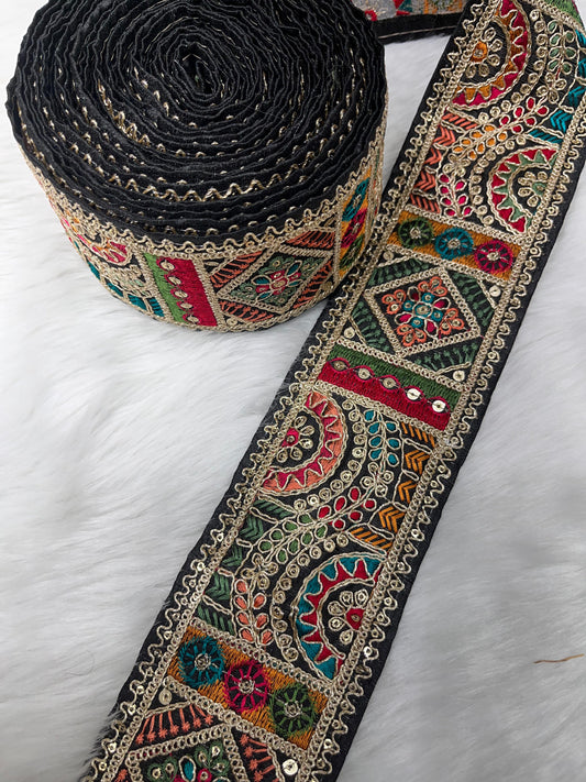 3 Inch Indian Saree Lace Border Embroidered Trim – Floral Decorative Ribbon for Art Quilts & Craft Projects (9 Meter) | Black