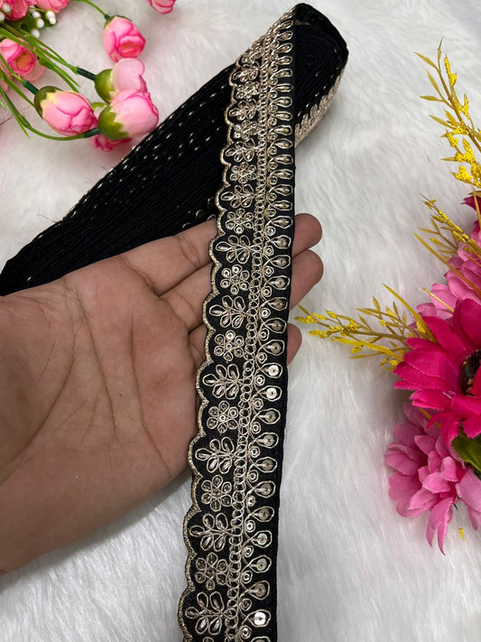 Embroidered Designer Lace – Indian Wedding Trims, Saree Border, 1.5 Inch Wide Lace Reel (9 Mtr) | Black