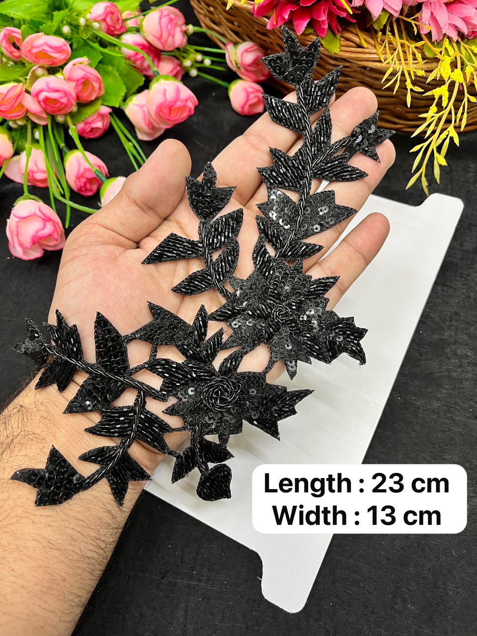 Handcrafted Black Cutwork Patch for Blouses, Dresses, Sarees & Lehengas – Designer Decorative Applique Patch (13 x 23 cm) | DC1069 | Black