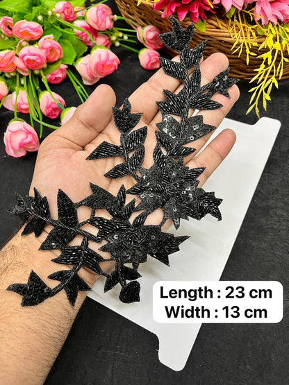 Handcrafted Black Cutwork Patch for Blouses, Dresses, Sarees & Lehengas – Designer Decorative Applique Patch (13 x 23 cm) | DC1069 | Black