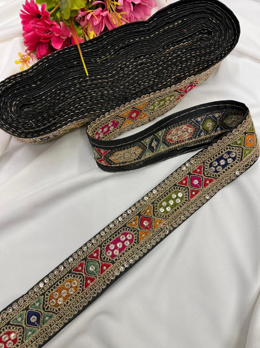 Sabyasachi Style Embroidered Designer Saree Lace Border – Luxury Ethnic Embroidery Lace for Sarees, Blouses & Lehengas | Black