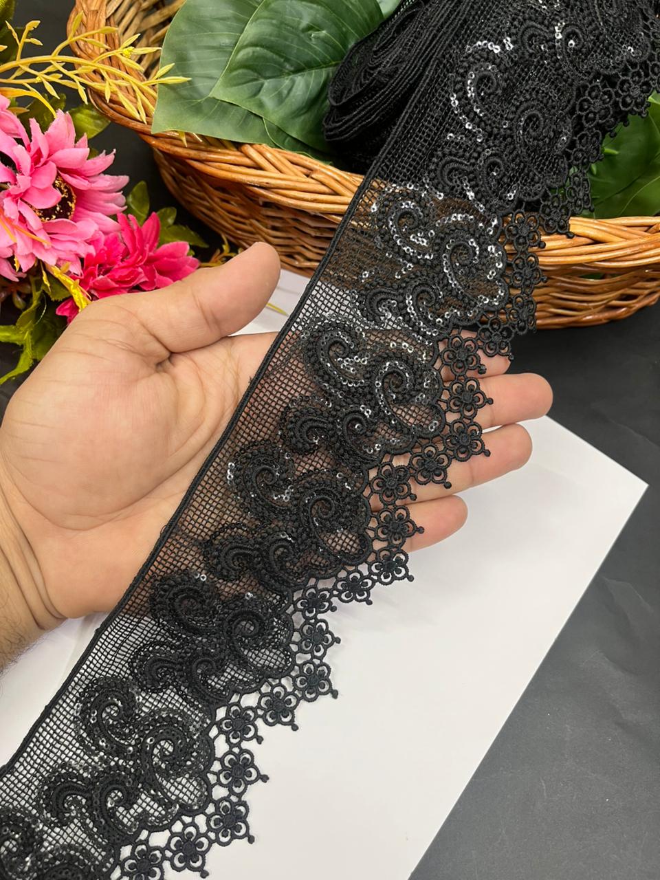 Cutwork Style Imported Laces – Premium Polyester Lace Border for Sarees, Dupattas, Dresses & Craft Projects (9 Meter, 3 Inch Width) | Black