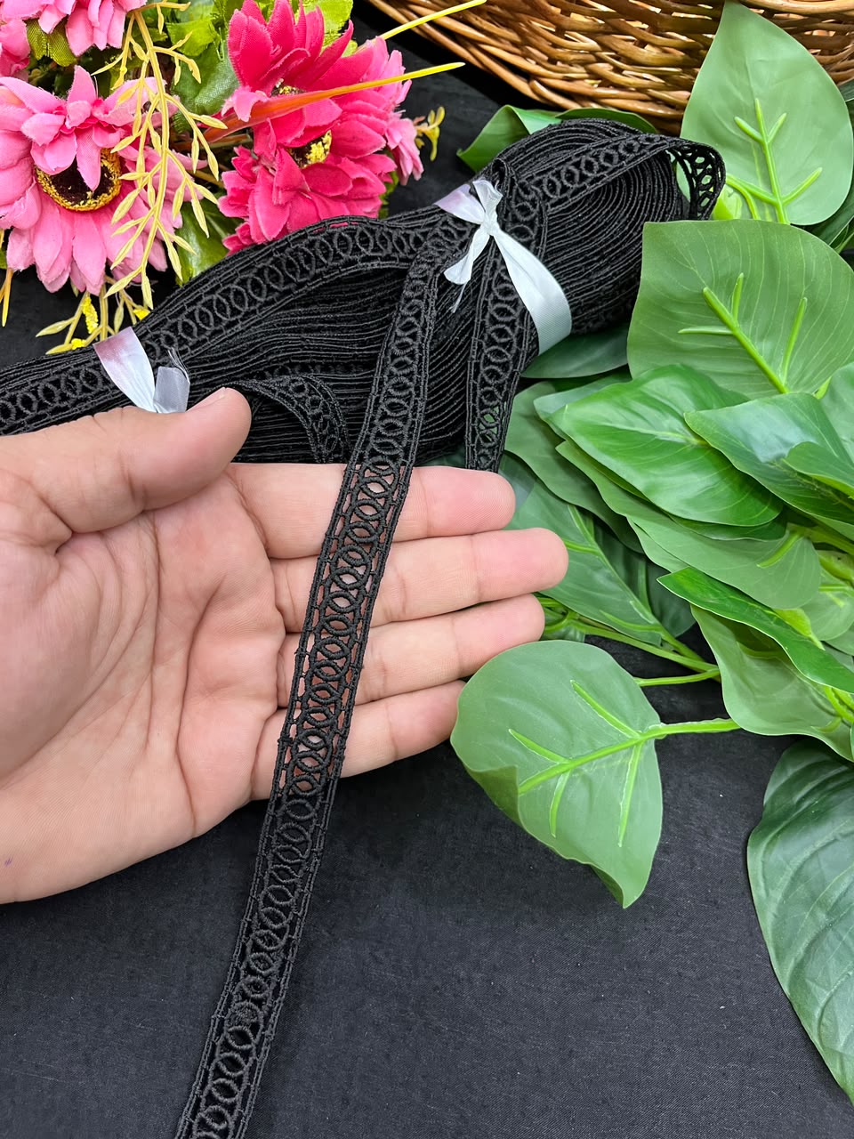 White Cotton Lace for Sarees, Dresses, Kurtis & Blouses – Imported Decorative Cotton Lace Trim (Half Inch) | DC1060 | Black