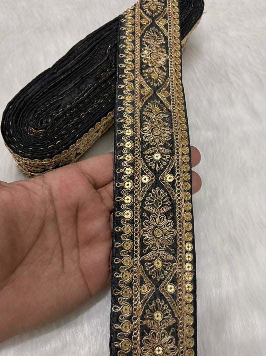 Embroidered Zari Lace – Indian Wedding Trims, Saree Border, 2 Inch Wide Lace Reel (9 Mtr) | Black