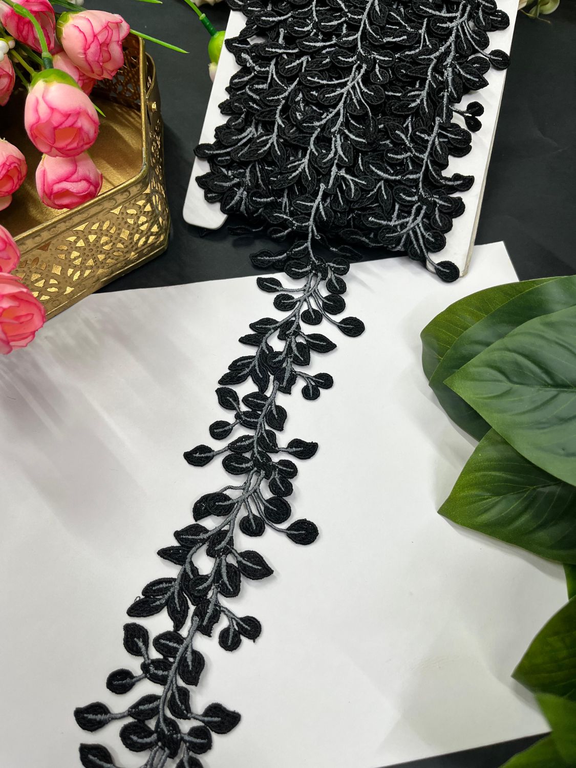 Stunning Guipure Leaf Imported Lace Trim – Designer Saree Laces (9 Meter Roll) | Black