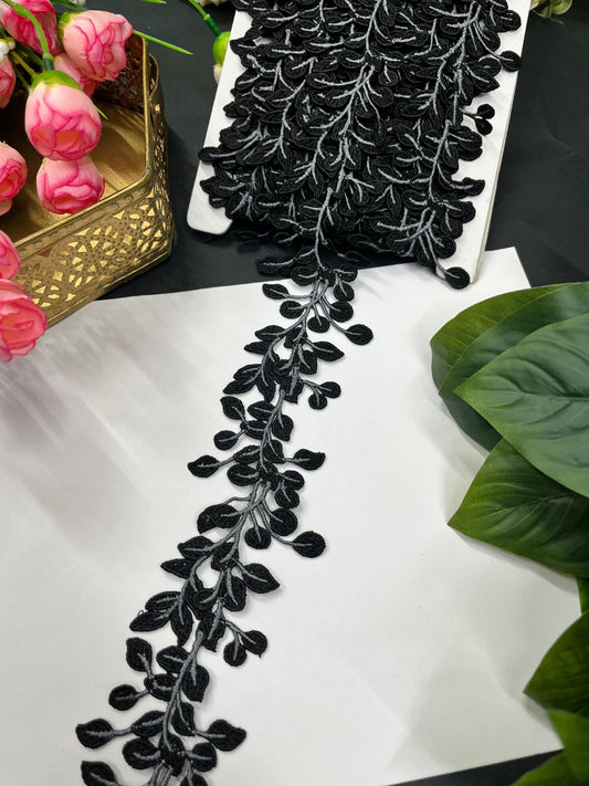 Stunning Guipure Leaf Imported Lace Trim – Designer Saree Laces (9 Meter Roll) | Black