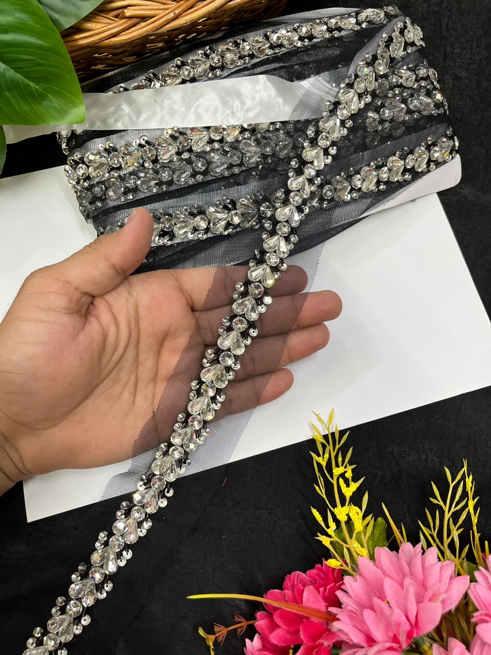 Designer Handmade Crystal Lace for Sarees, Lehengas & Dupattas – Premium Decorative Crystal Lace Border (1 Inch) | DC1012 | Black
