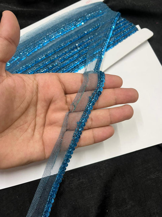 Handmade Sequins Lace Trim for Sarees, Blouses & Dresses – Narrow Handwork Embroidered Lace Border (1 cm) | Blue