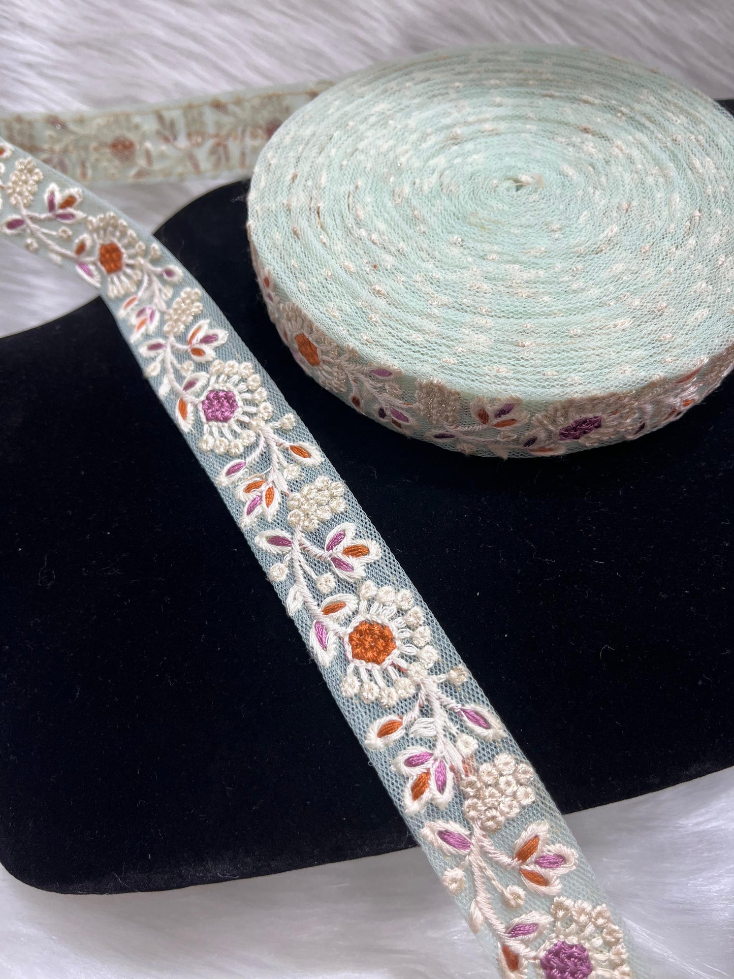 Multicoloured Flower Lace Trim - 9 Meter Thread Embroidered Lace Borders | Blue