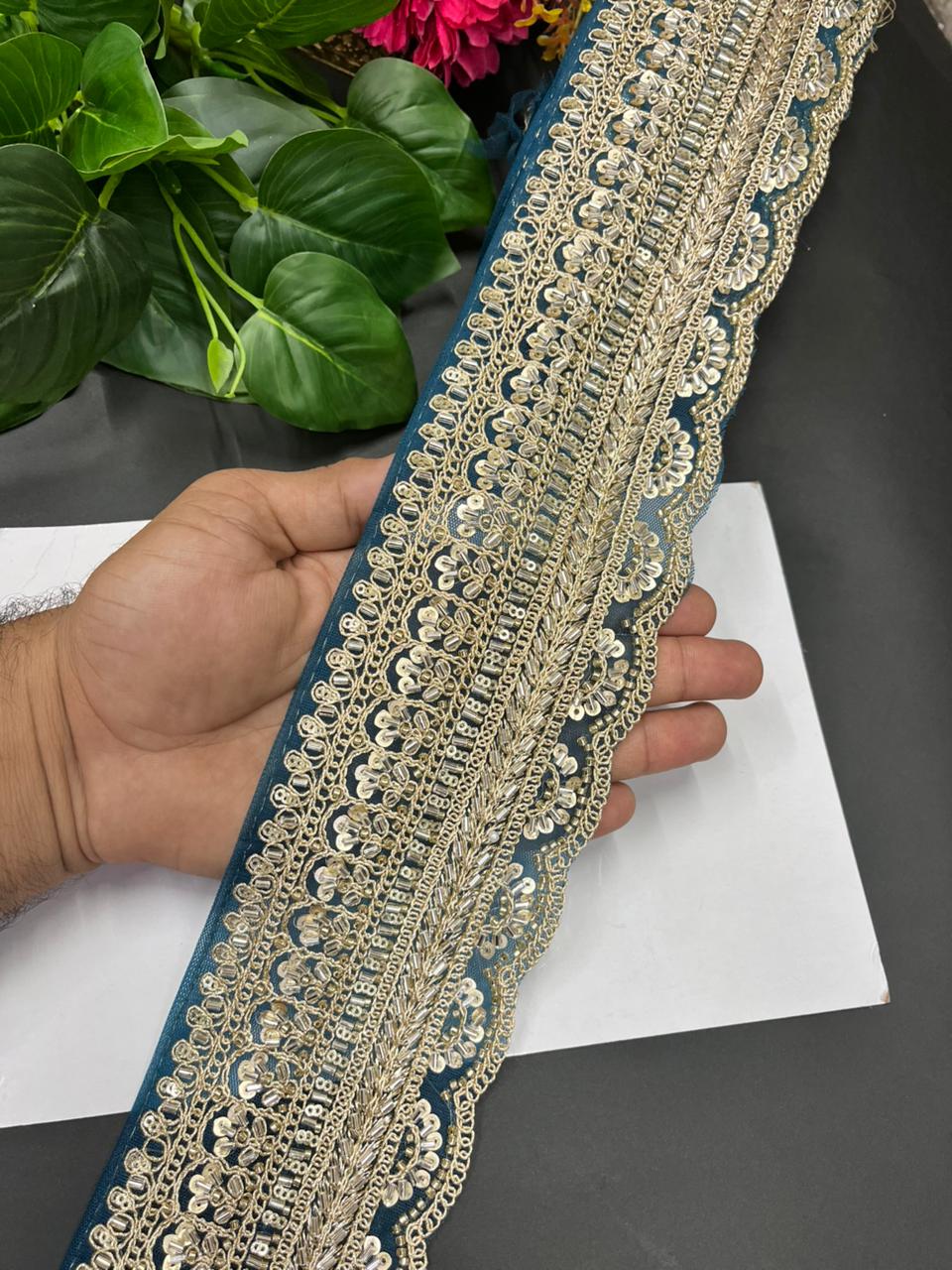 Exclusive Bridal Saree Laces & Borders on Net Fabric – Maggam Work Designer Trim for Sarees, Lehengas & Dupattas (9 Meter, 4 Inch Width) | Blue