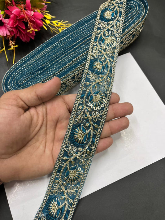 Sequins Work Zari Embroidered Laces – Premium Designer Borders for Sarees, Lehengas & Dupattas (9 Meter, 1.5 Inch Width) | Blue