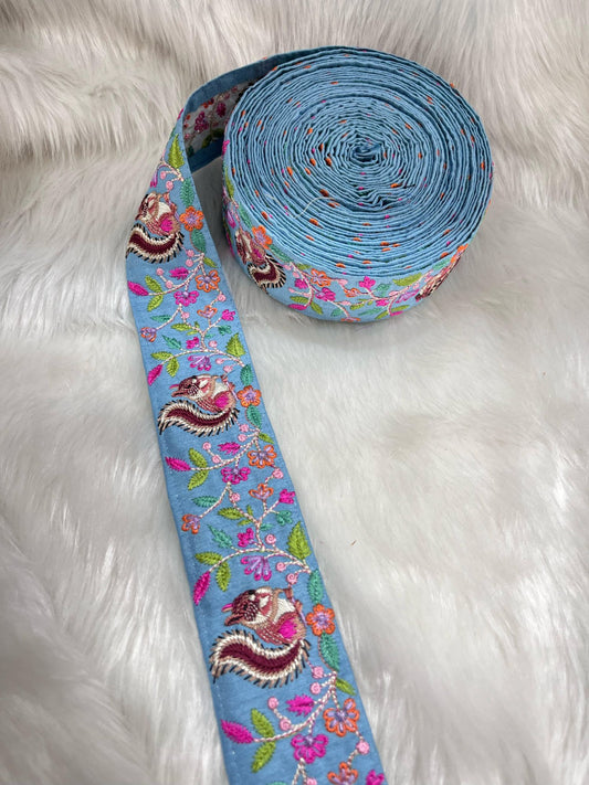 Squirrel Design Silk-Based Thread Embroidered Saree Laces Trim – 9 Meters, 1.75-Inch Decorative Border for Sarees & Dupattas | Blue