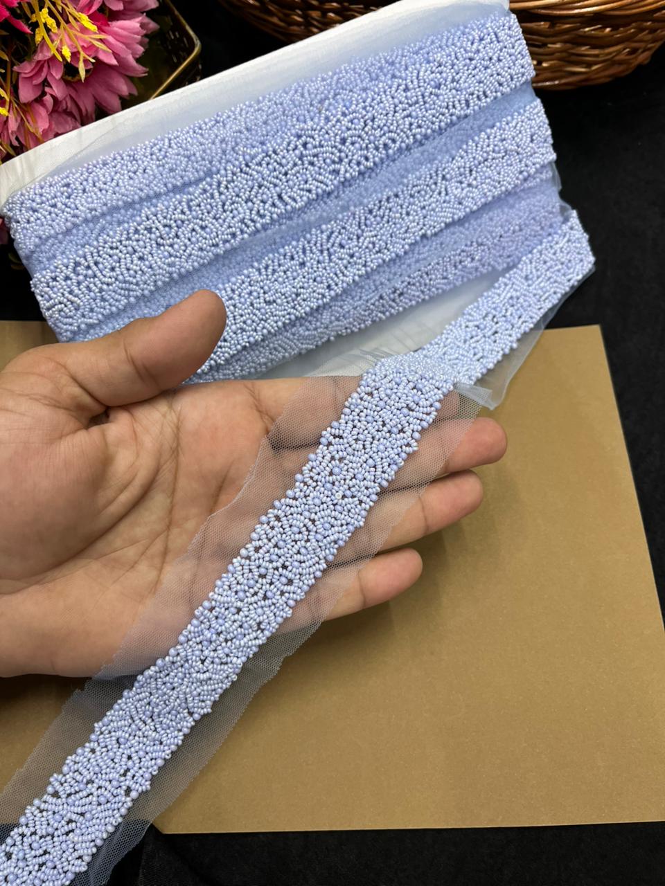 Exclusive Pearl Work Handcrafted Lace Trim for Sarees, Kurtis & Dresses – Designer Handmade Pearl Embroidery Lace Border | Blue