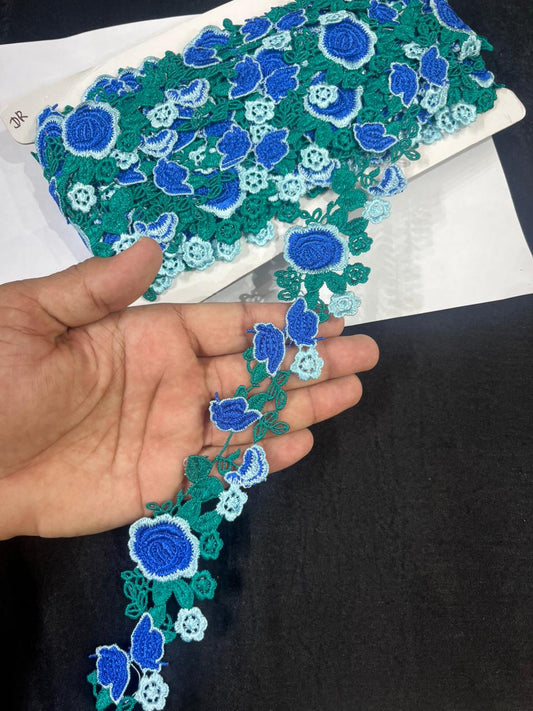 Beautiful Flower Western Lace Trim for Dresses, Sarees & Kurtis – Designer Imported Floral Lace Border (1.5 Inch) | Blue