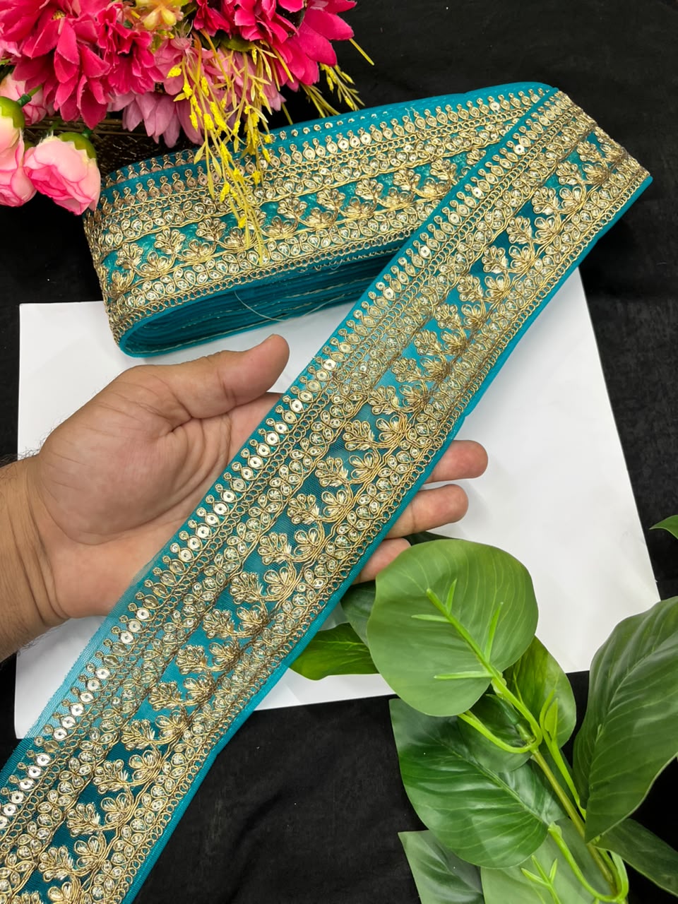 Golden Zari Embroidered Lace for Sarees, Lehengas & Dupattas – Premium Designer Embroidered Lace Border for Boutique Owners & Fashion Designers (3 Inch) | Blue