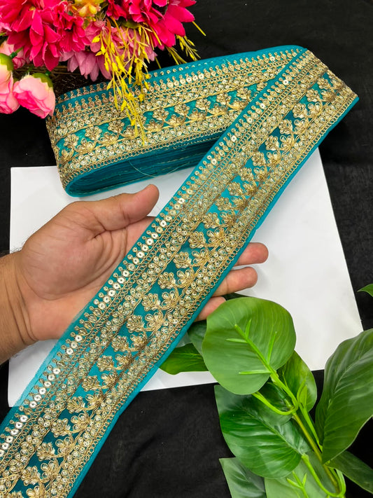 Golden Zari Embroidered Lace for Sarees, Lehengas & Dupattas – Premium Designer Embroidered Lace Border for Boutique Owners & Fashion Designers (3 Inch) | Blue