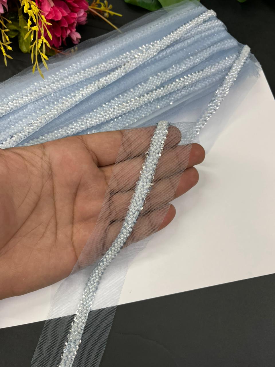 Imported Beaded Lace Trims – Premium Half-Inch Designer Lace for Sarees, Dupattas, Lehengas & Couture Wear (9 Meter) | Blue