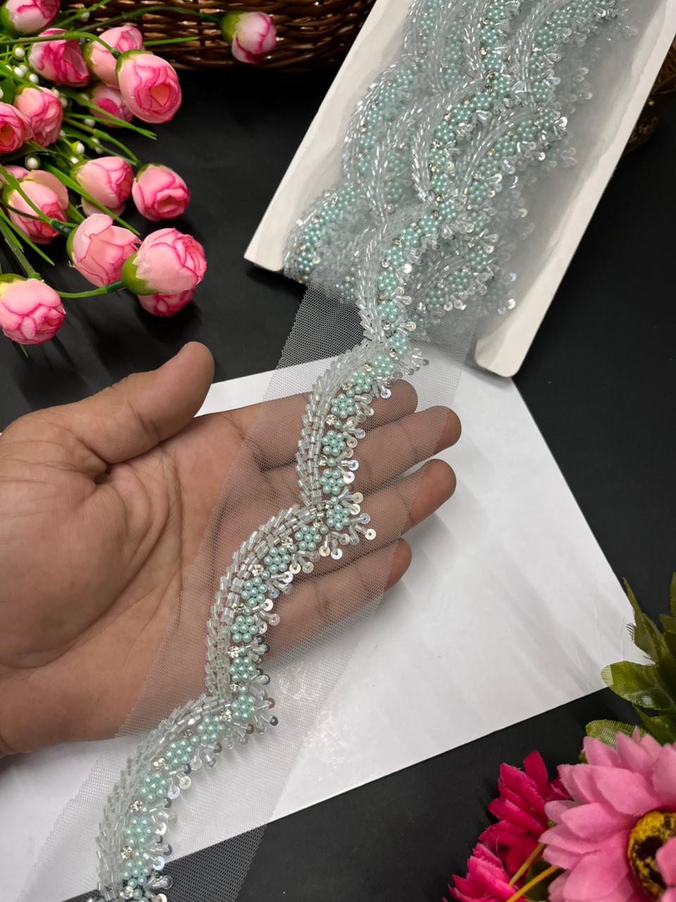 Scallops Bead & Pipe Work Handcrafted Lace – Designer Handmade Border for Sarees, Lehengas & Dupattas (9 Meter, 1 Inch Width) | Blue