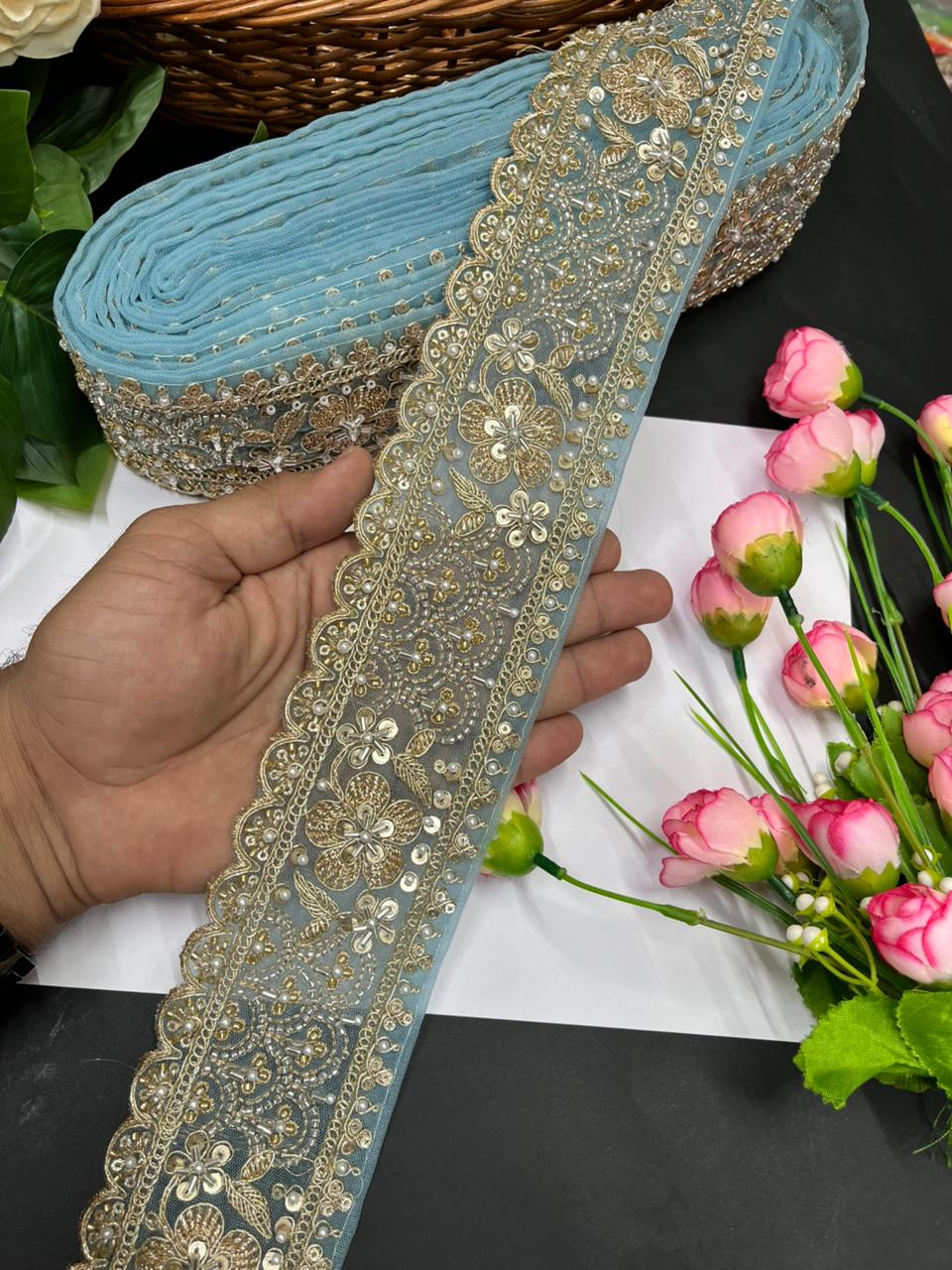 Exclusive Flower Embroidered Saree Lace Design – Premium Maggam Work Lace Border for Ethnic Wear | Blue