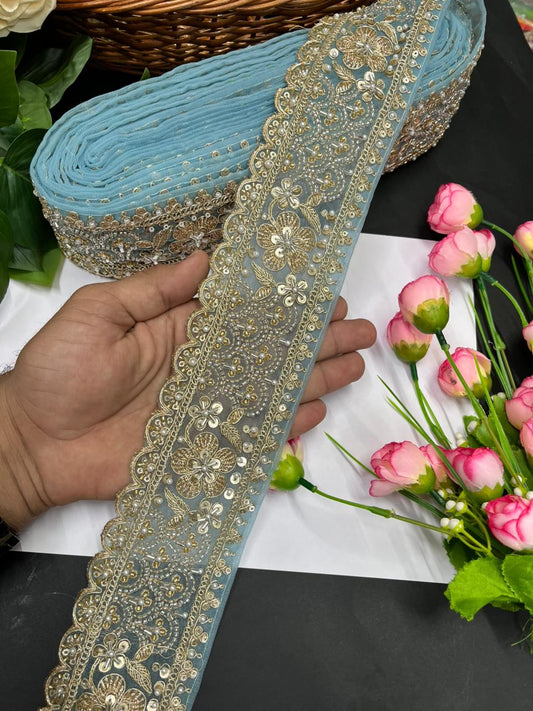 Exclusive Flower Embroidered Saree Lace Design – Premium Maggam Work Lace Border for Ethnic Wear | Blue