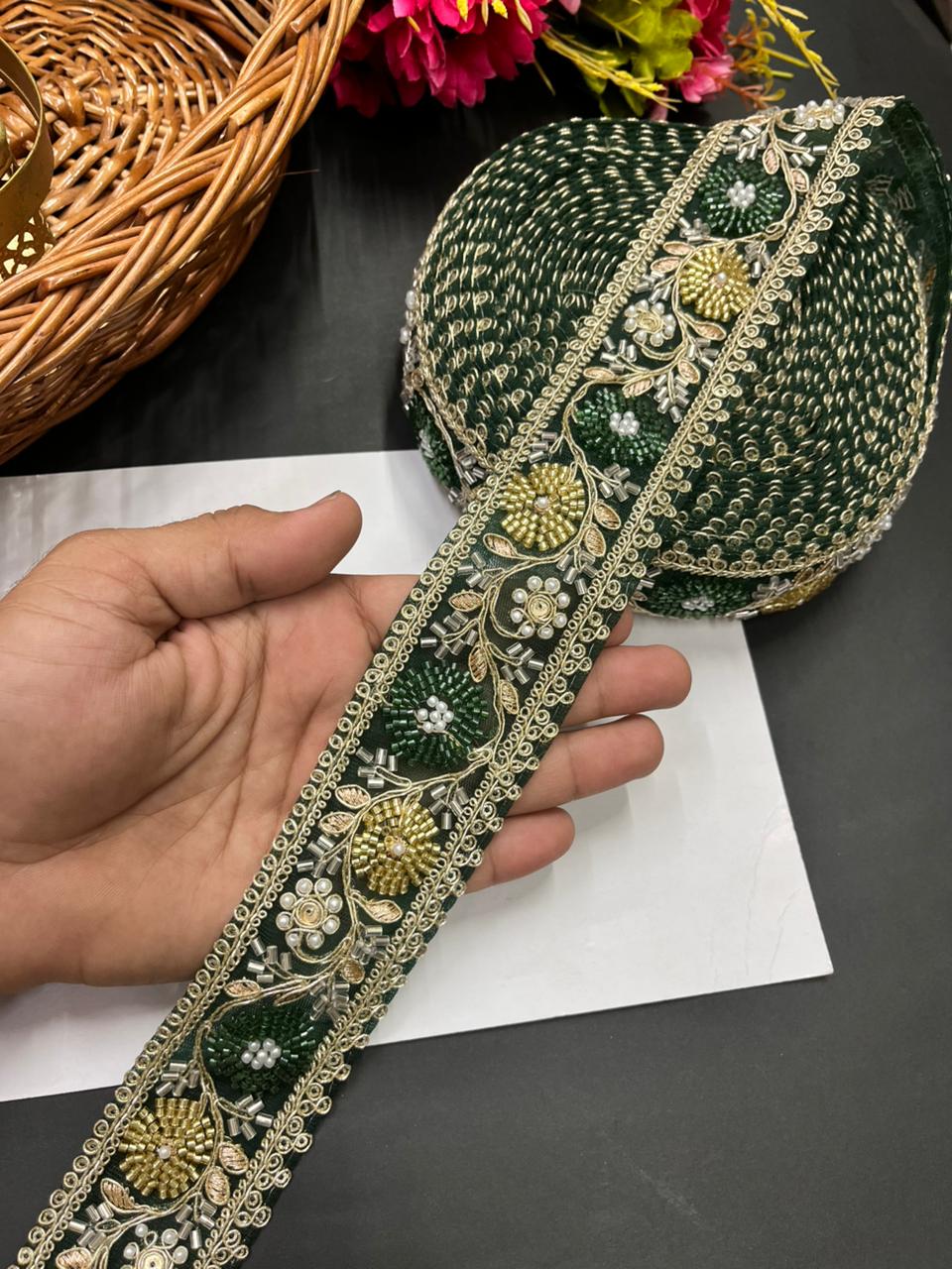 Beaded Bridal Laces Collection – Premium Maggam Work Designer Borders for Sarees, Lehengas & Dupattas (9 Meter, 2 Inch Width) | Bottle Green
