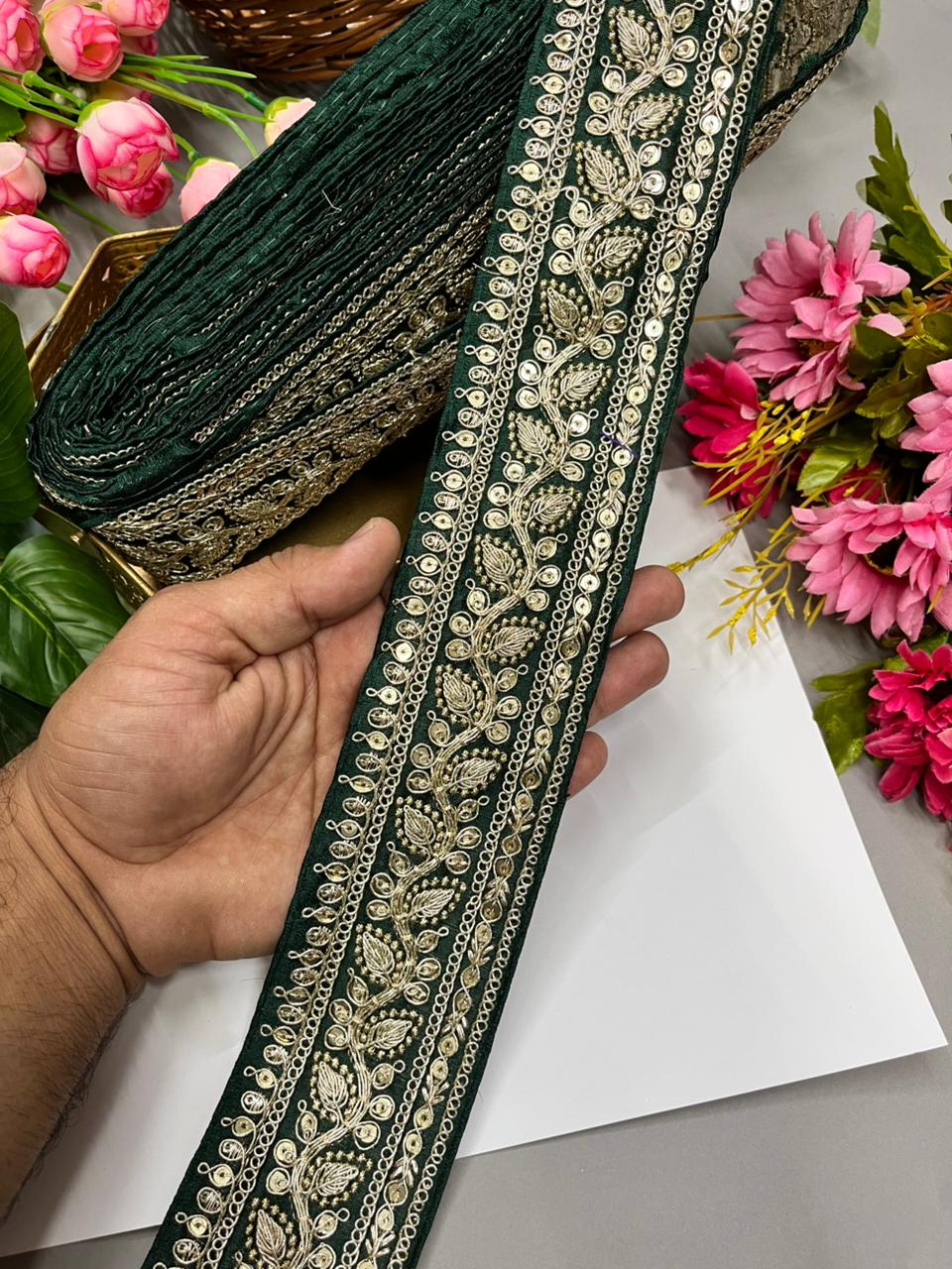 Silk Based Embroidered Saree Lace & Borders – Premium 2 Inch Decorative Lace for Ethnic & Festive Wear (9 Meter) | Bottle Green