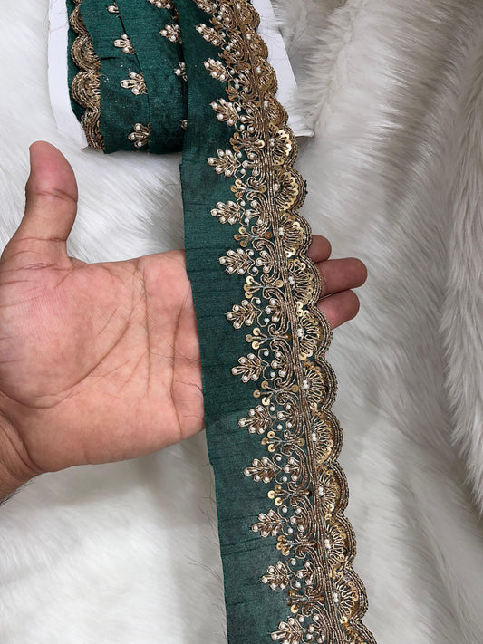 Maggam Work Lace for Sarees & Dupattas – 9 Meters, 2.5-Inch Width, Handcrafted Embroidery Border | Bottle Green