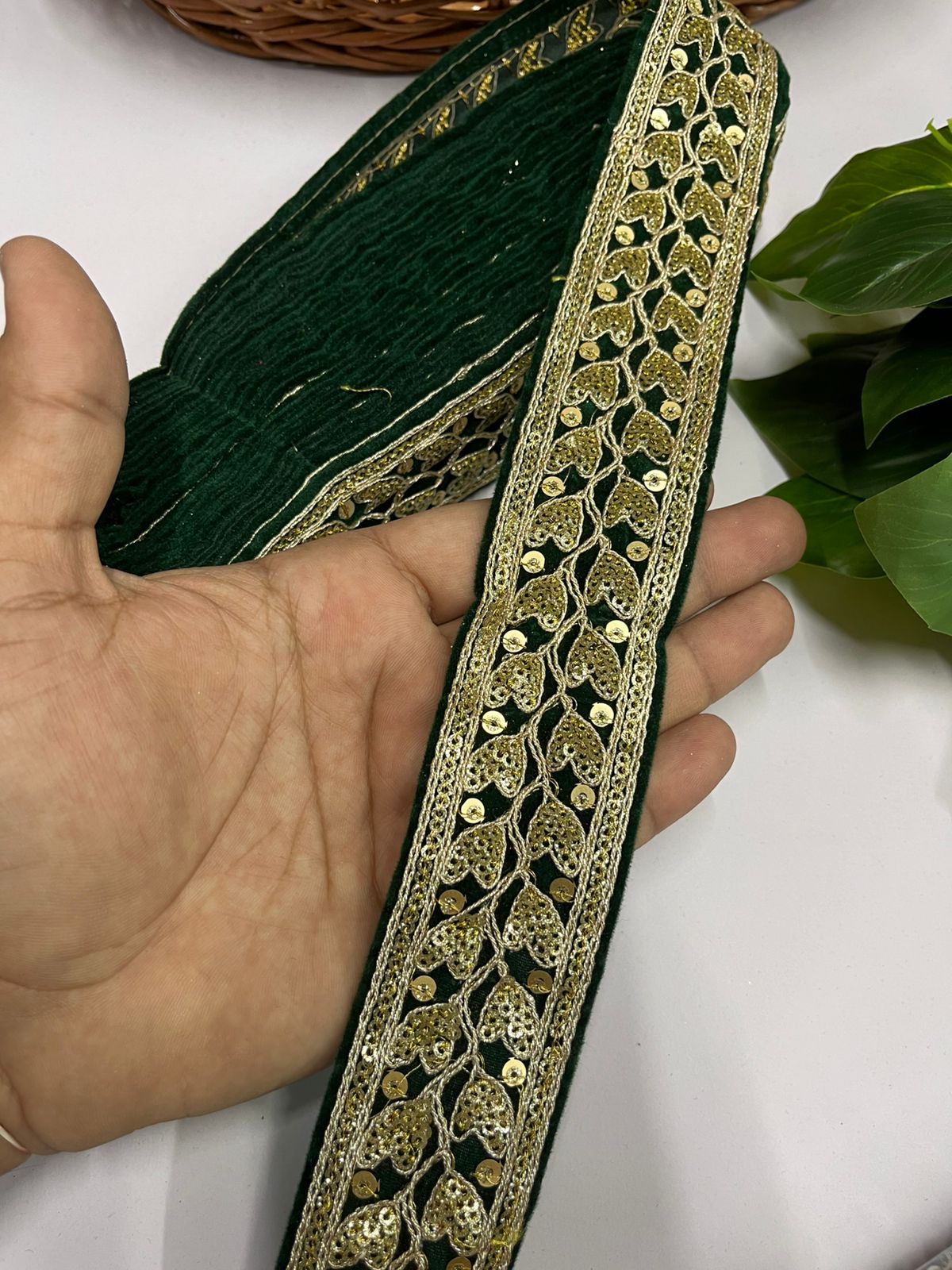 Zari Sequins Embellished Velvet Embroidered Saree Lace | Sari Velvet Fabric Lace Border (9 Mtr) | Bottle Green