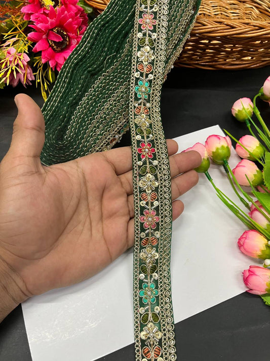 Beautiful Multicoloured Cutdana Beaded Saree Lace & Dupatta Lace – Premium Maggam Work Border Trim (9 Meter, 1.5 Inch Width) | Bottle Green