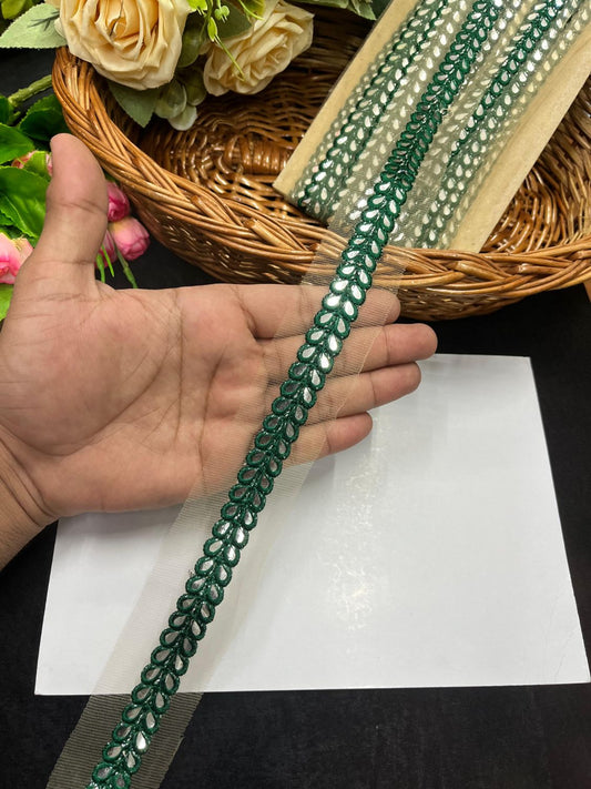 Foil Mirror Lace Trim – Elegant Designer Border for Sarees, Lehengas & Dupattas (9 Meter, 1 Inch Width) | Bottle Green